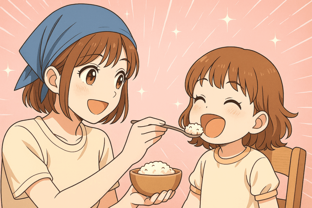 頭にバンダナを巻いた母親が、こどもにご飯をあげているイラスト