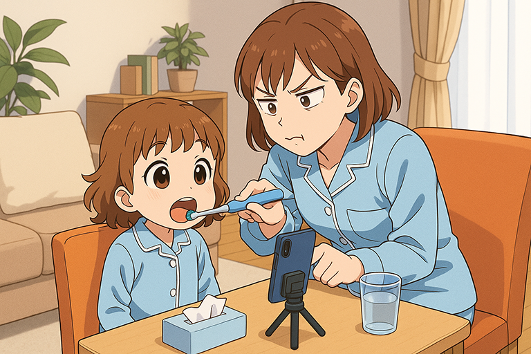 スマートフォンを見ているこどもに、母親が一生懸命歯磨きをしているイラスト