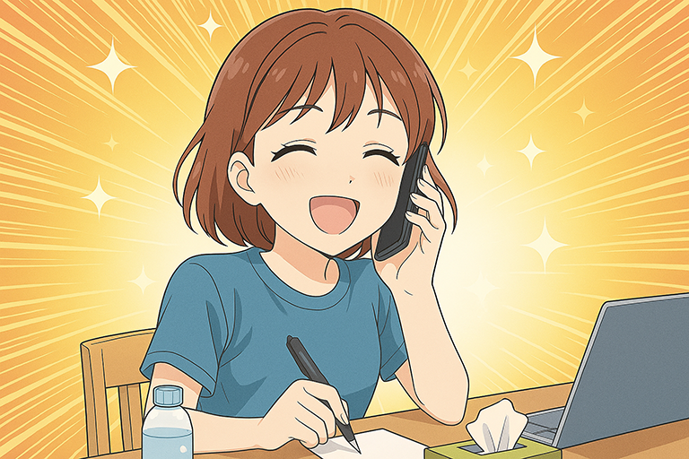 スマートフォンで通話している女性が、問題が解決して喜んでいるイラスト