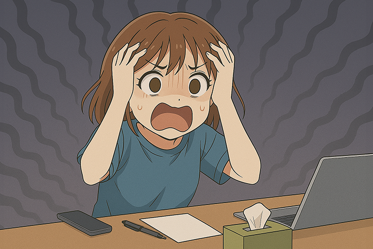 女性が頭を抱えて青ざめているイラスト