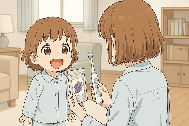 歯ブラシとごほうびタブレットを手に持った女性と、それを見て笑顔のこども