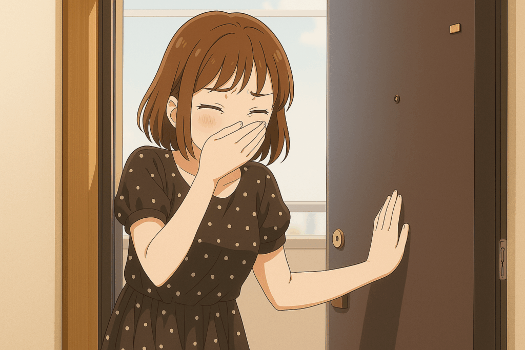 自宅の玄関で具合が悪そうな女性のイラスト