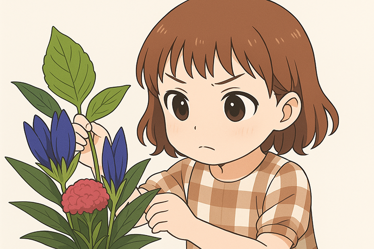 集中してお花を活ける女の子のイラスト