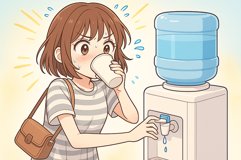 ウォーターサーバーの水を焦ったように飲む女性のイラスト