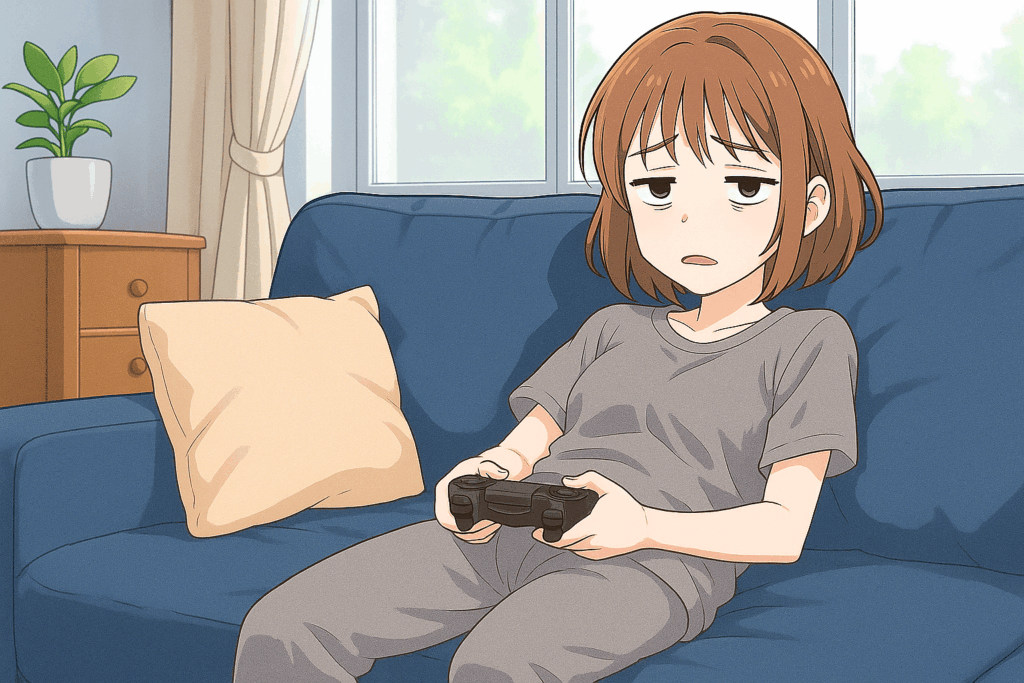 ソファに全身を預け、具合が悪そうな様子でゲームのコントローラーを握る女性のイラスト