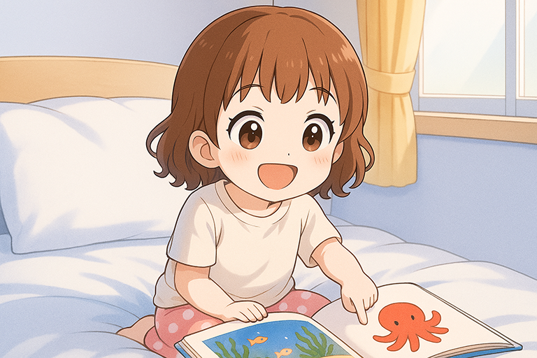絵本を広げて、タコを指さして見せている女の子のイラスト