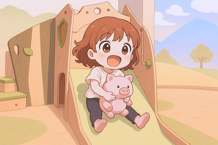 キッズスペースのすべり台を笑顔ですべる子供のイラスト