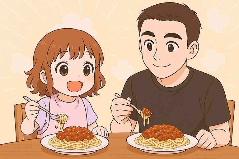 ミートソースパスタを笑顔で食べるこどもと父親のイラスト