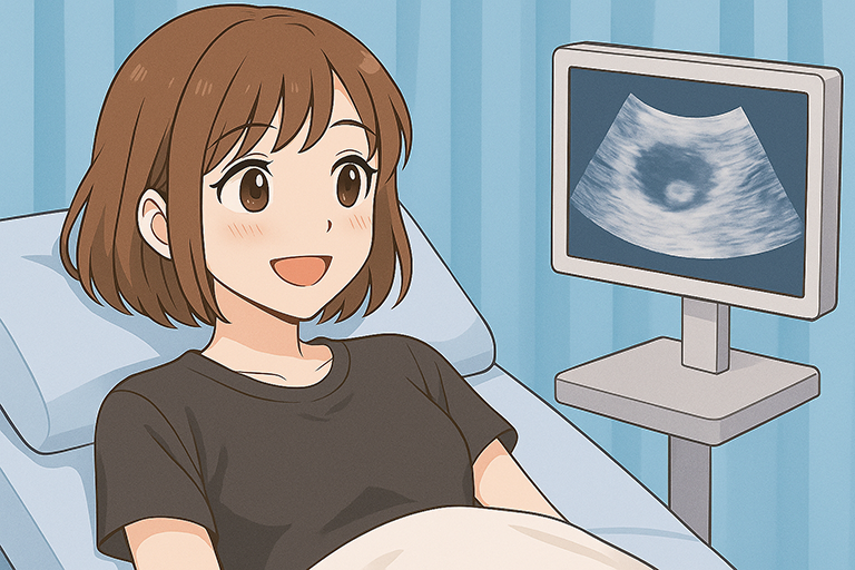 超音波検査の画面を見て笑顔の女性のイラスト